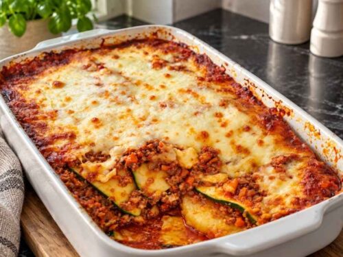 Zucchini-Knödel-Lasagne in einer Auflaufform mit goldbrauner Käsekruste auf dem gedeckten Familientisch