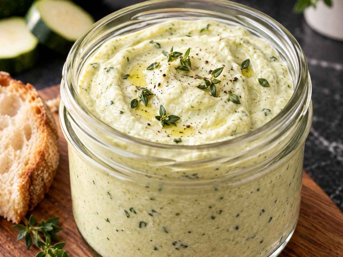 Nahaufnahme der cremigen Zucchinicreme mit sichtbaren Kräutern