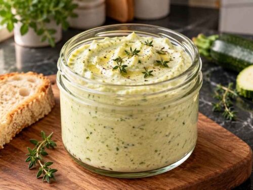 Zucchinicreme Zucchinicreme in einer Schale serviert mit knusprigem Brot und Rohkost