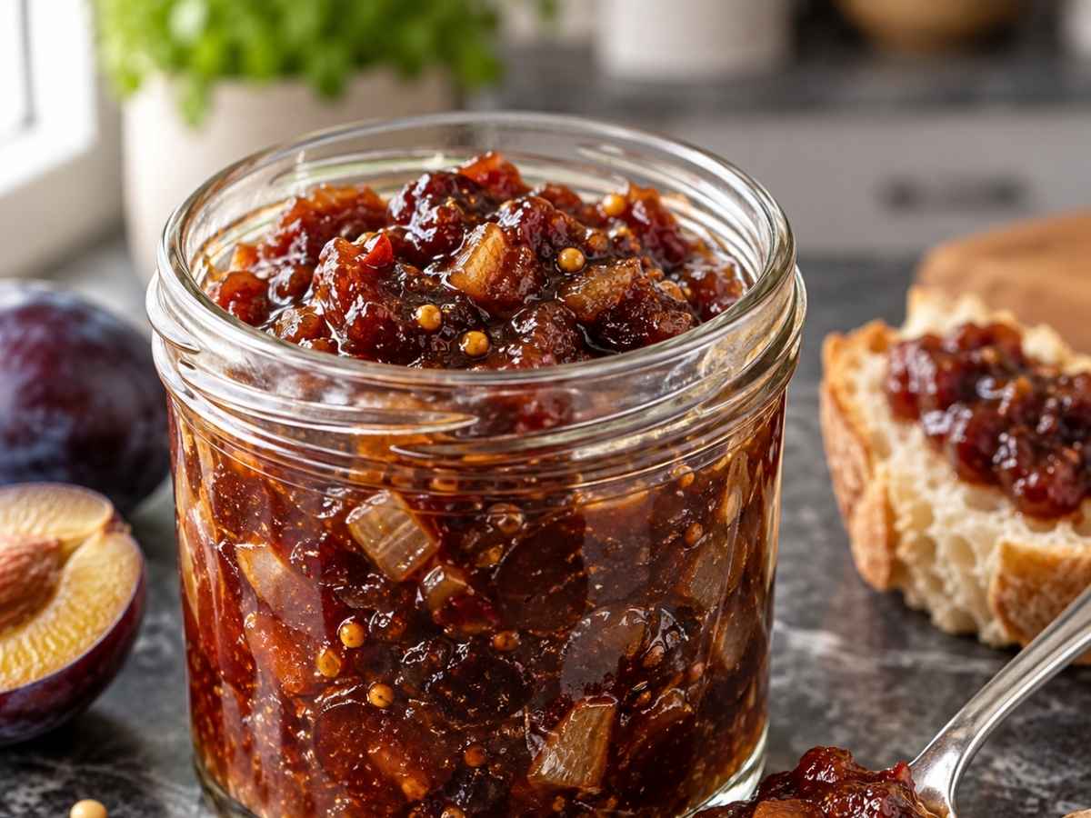 Nahaufnahme von dickem Zwetschgen-Chutney mit Senfkörnern auf einem Löffel über dem geöffneten Glas