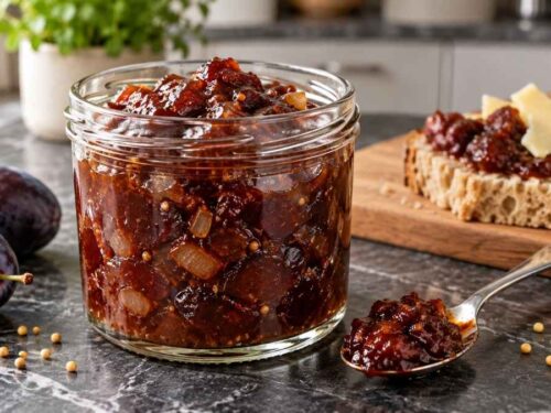 Drei Gläser Zwetschgen-Chutney mit Ingwer und Chili auf einem Holzbrett mit Käse und frischen Zwetschgen