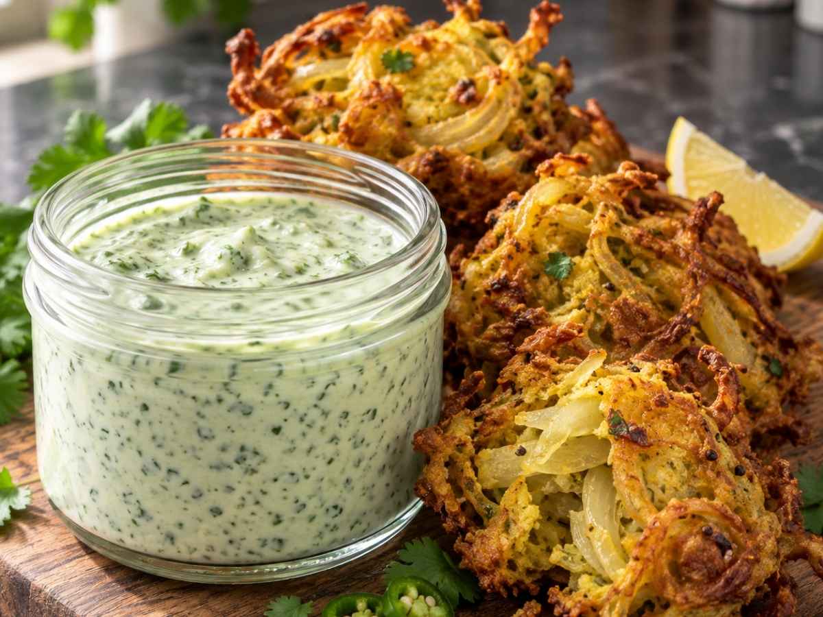 Nahaufnahme eines aufgebrochenen Zwiebel-Bhajis mit sichtbarer knuspriger Kruste