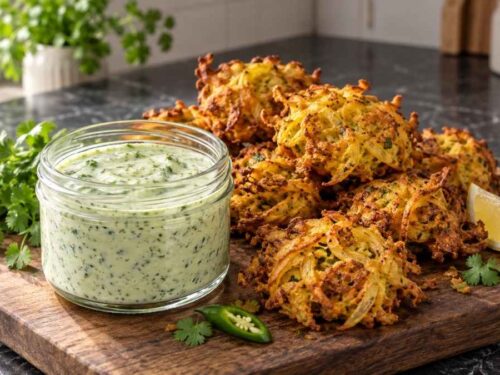 Zwiebel-Bhajis mit Koriander-Chili-Dip auf einer Platte angerichtet