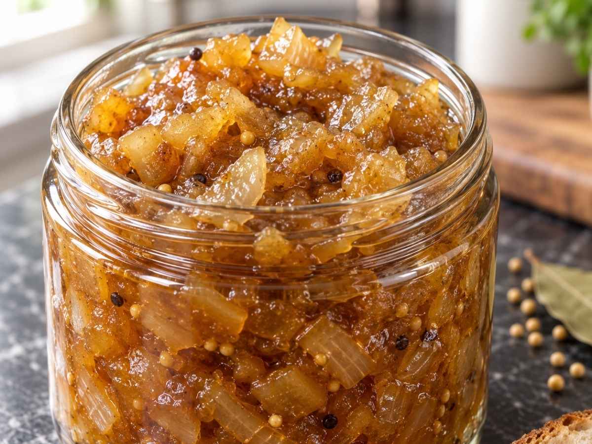 Zwiebel-Chutney 2 Nahaufnahme von Zwiebel-Chutney mit sichtbaren Senfkörnern und Zwiebelstücken