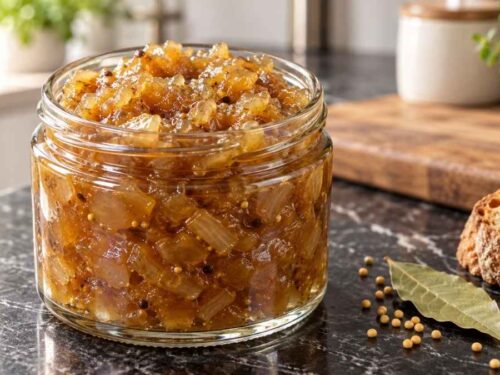 Selbstgemachtes Zwiebel-Chutney in Einmachgläsern neben einer Käseplatte