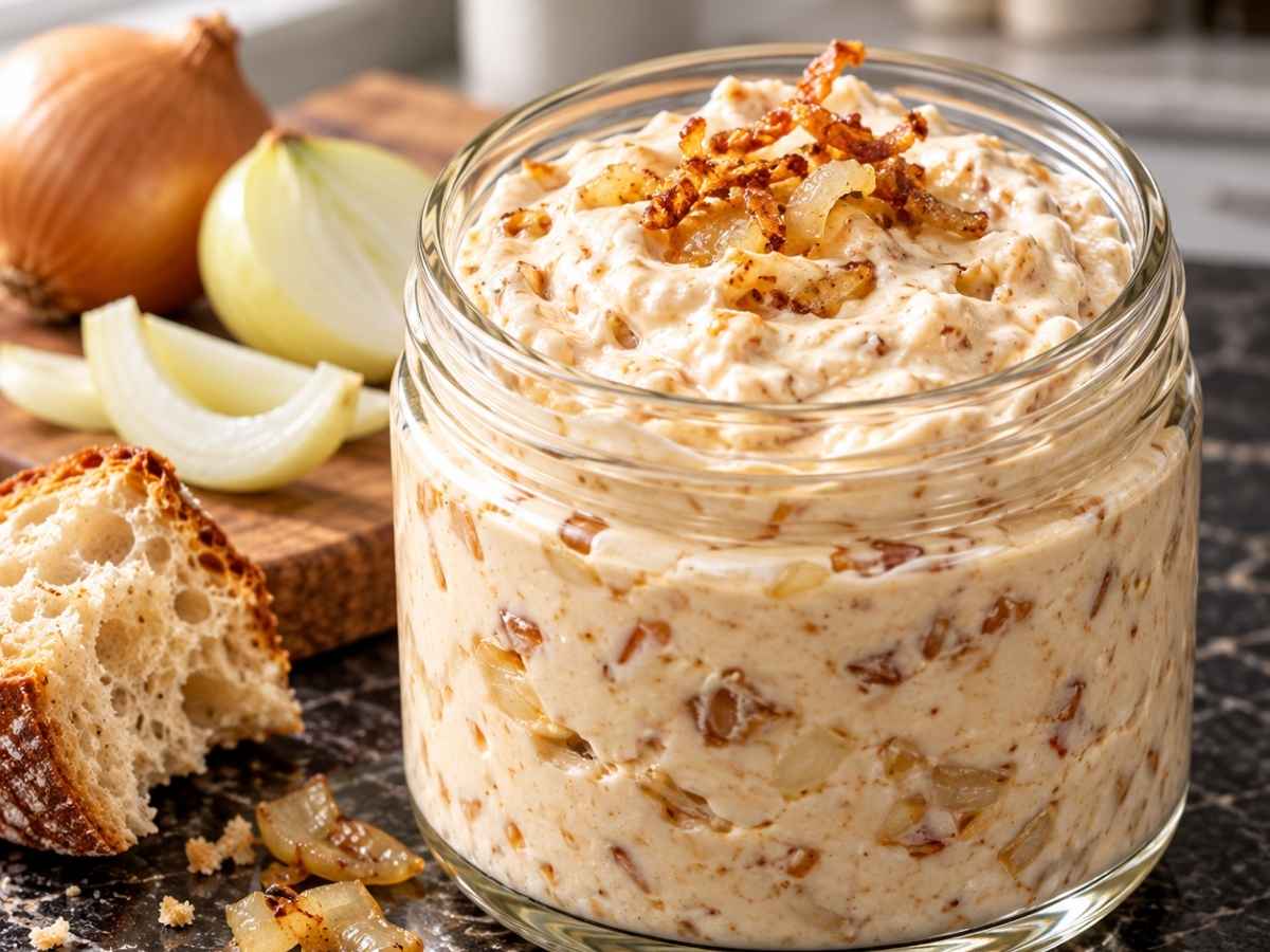 Nahaufnahme von cremigem Zwiebel-Dip mit gehackten gebratenen Zwiebeln und knusprigen Röstzwiebeln als Topping, eine Gurkenscheibe wird eingetaucht