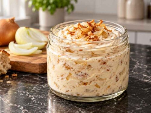 Zwiebel-Dip mit Schmand und Röstzwiebeln in einer Schüssel, umgeben von Gurken-, Möhren- und Paprikasticks und Laugenbrezeln auf einem Holztisch