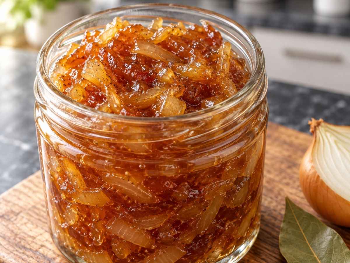 Nahaufnahme von glänzender Zwiebelmarmelade auf einem Löffel